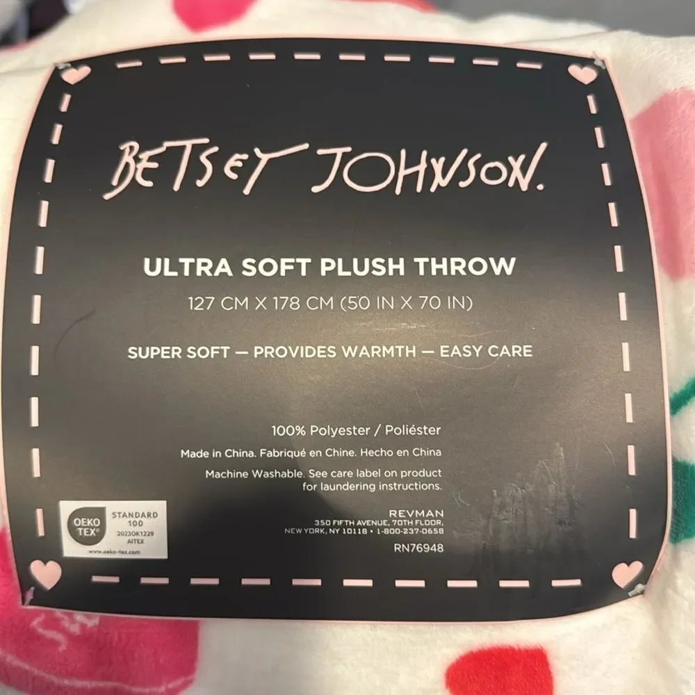 🎉Last deal 🎉Betsey Johnson Heart and Cherry Throw Blanket - Pink, Red, Green